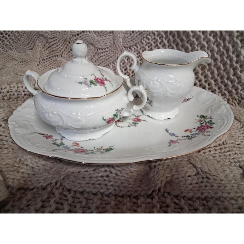 Royal Kent Poland Porcelain Creamer Sugar Bowl & Tray Set With Floral Pattern &